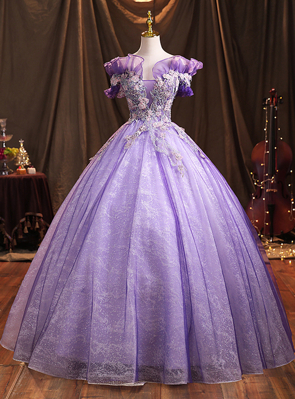 Purple Tulle Sequins Off The Shoulder Appliques Quinceanera Dresses