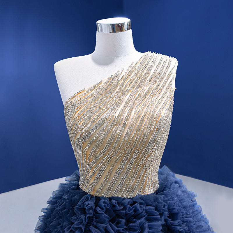 Blue Tullle Strapless Pleats Beading Formal Prom Dress main image 1