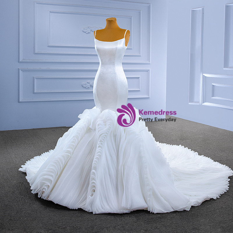 Pretty White Spaghetti Straps Lace Satin Mermaid Evening Dress Long Party Dress main image 0