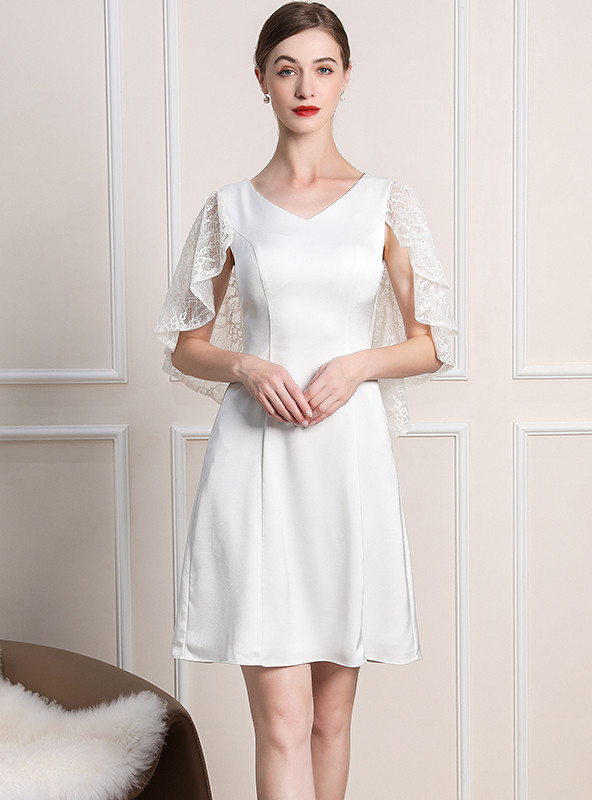 White Satin Lace V-neck Short Mother Of The Bride Dress White Satin Lace V-neck Short Mother Of The Bride Dress