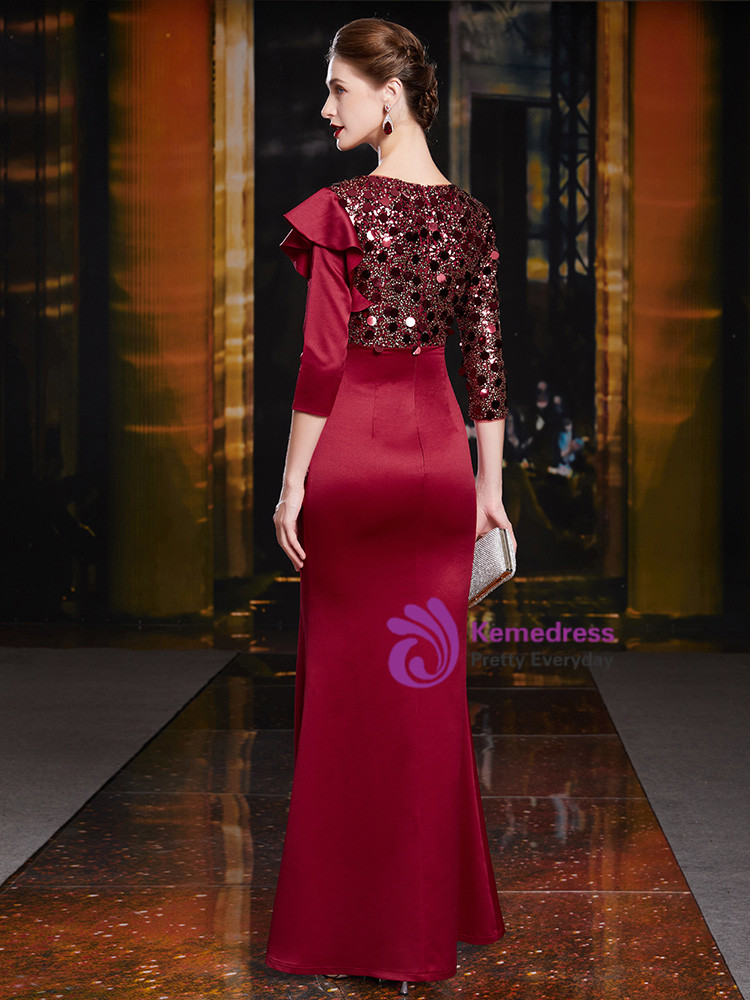 Burgundy Sheath Sequins Boat Neck Midi Mother of the Bride Dress