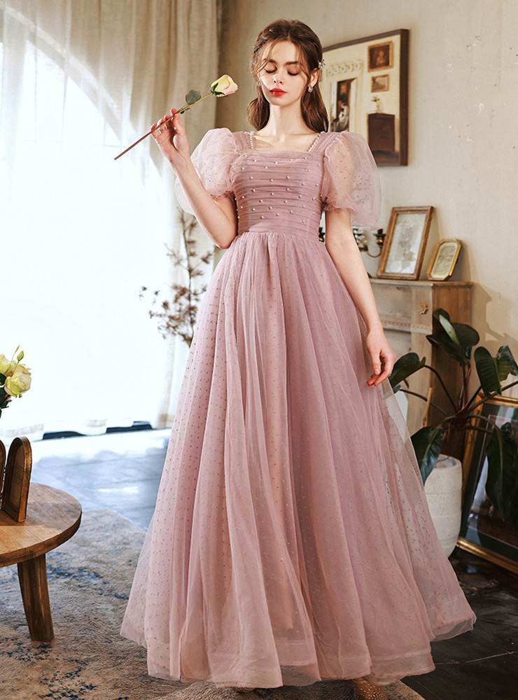 women's navy blue formal dress Dusty Blue Long A-line Sweetheart Off-the-Shoulder Puff Sleeve Evening –  27dress main image 0