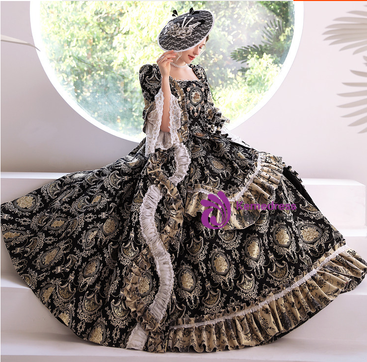 Black Gold Square Short Sleeve Masquerade Rococo Dress Black Gold Square Short Sleeve Masquerade Rococo Dress