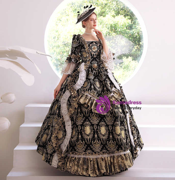 Black Gold Square Short Sleeve Masquerade Rococo Dress