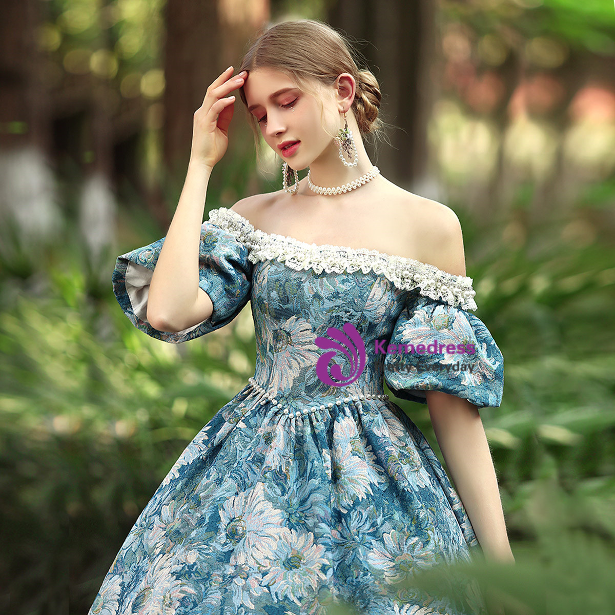 Blue jacquard off shoulder gown showing corset back and vintage silhouette
