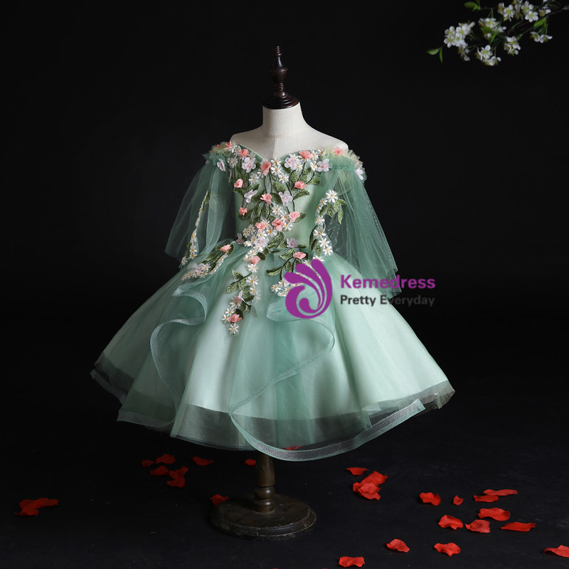 Half Sleeve Off Shoulder Flower Girl Dresses Polyester With Appliques