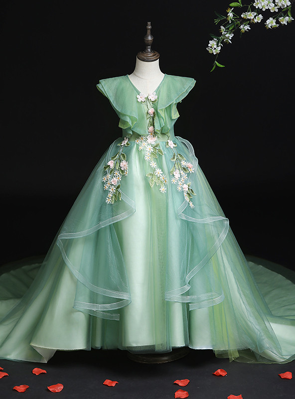 Cute Green Tulle Flower Girl Dress with Fabric Flowers