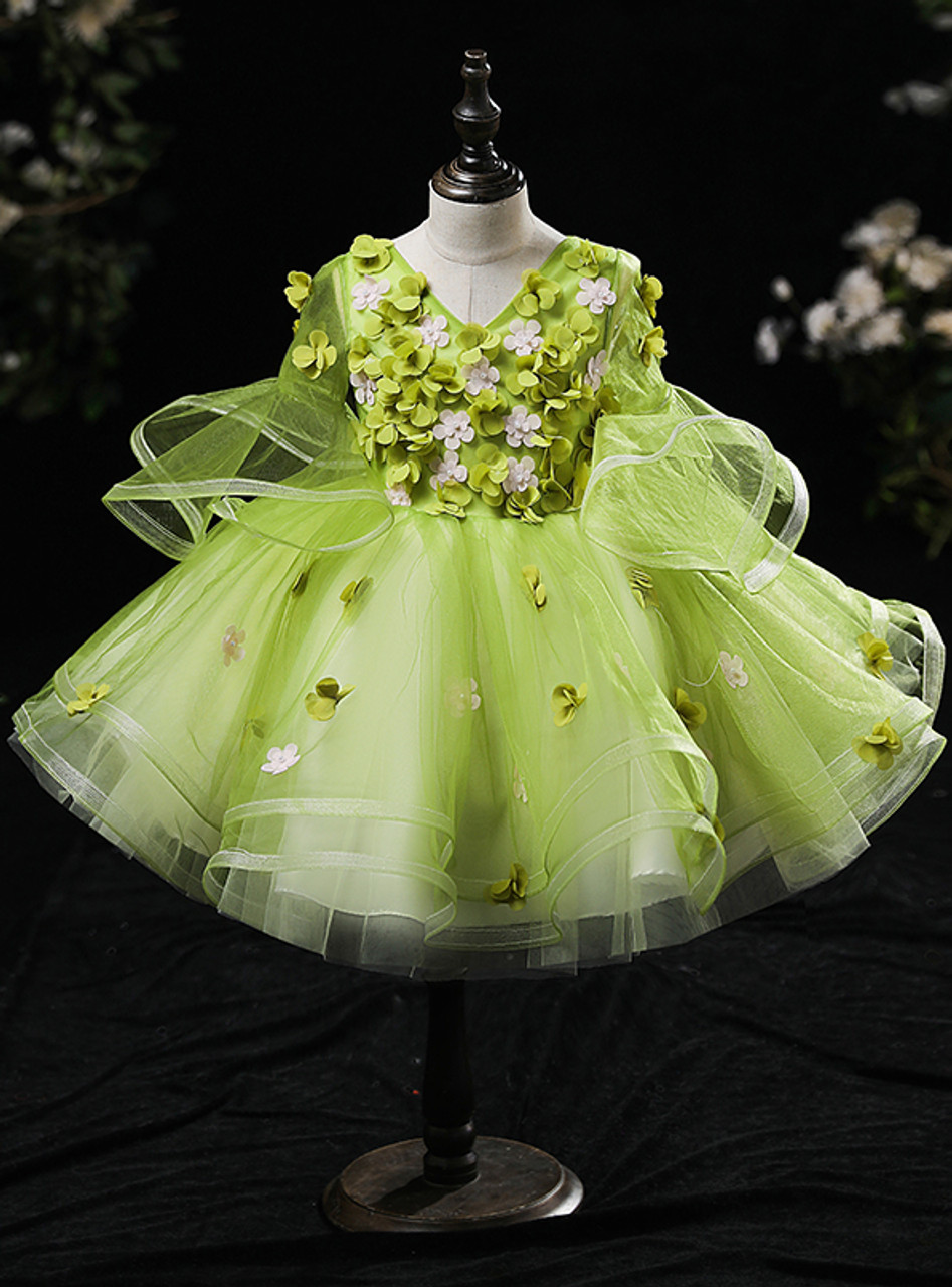 Green Appliques Trumpet Sleeve Flower Girl Dress