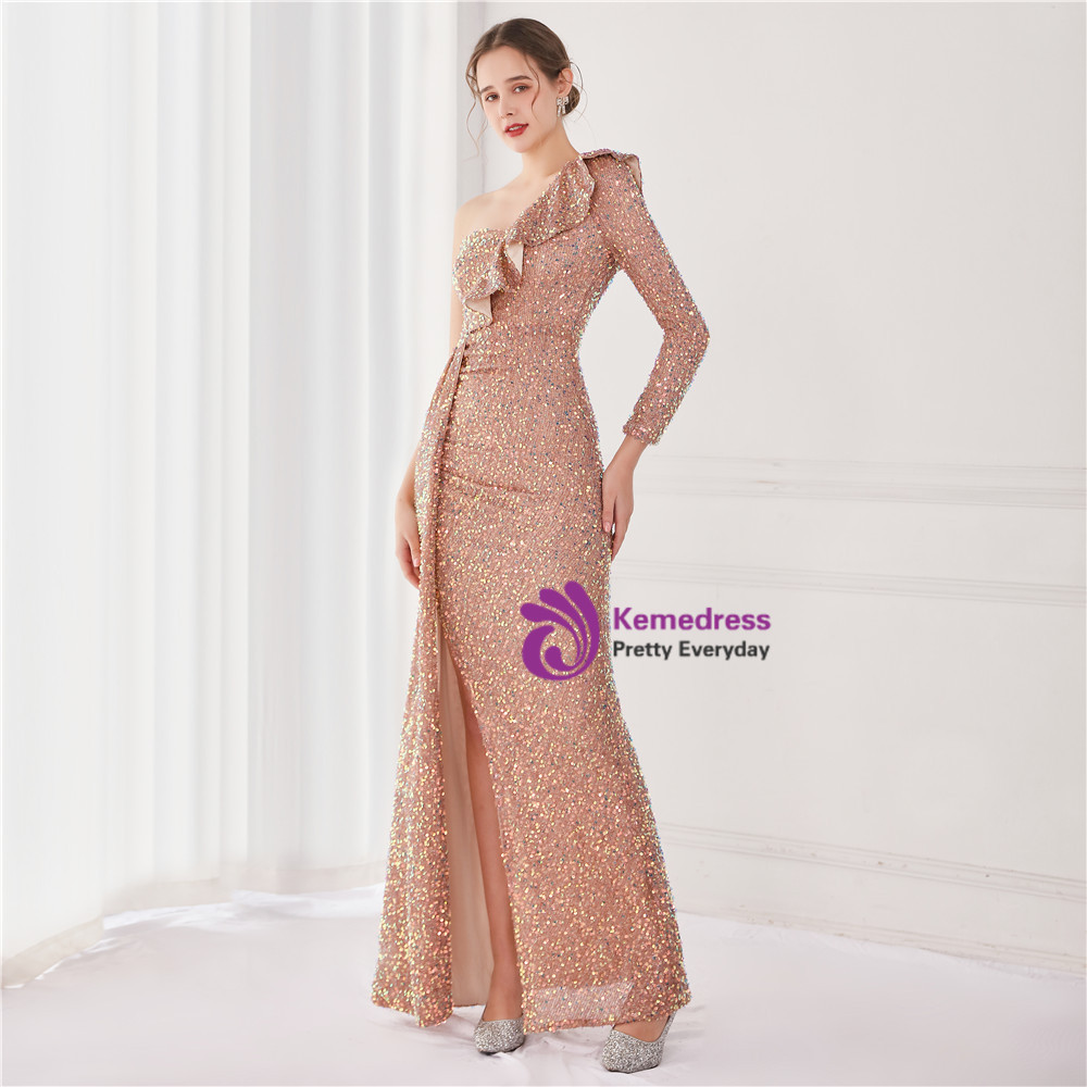 One-Shoulder Black Gold Sequin Belted Waist Party Dress