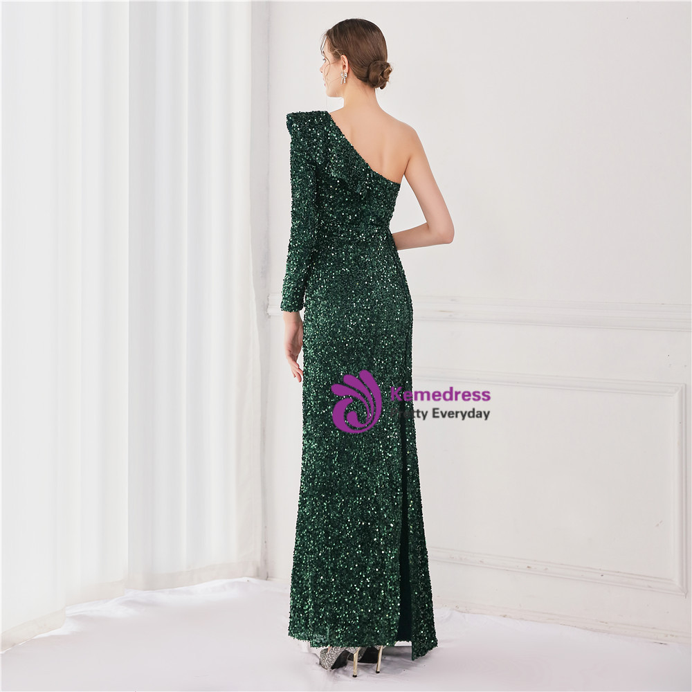Glamorous Long Dark Green One Shoulder Long Sleeve Split Evening Party Gowns With Lace main image 0