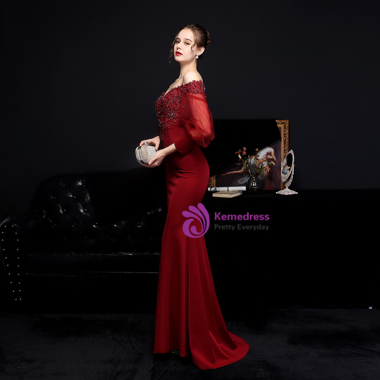 Mermaid Scoop Floor Length Plus size Sleeveless Appliques Burgundy Evening Dresses main image 1