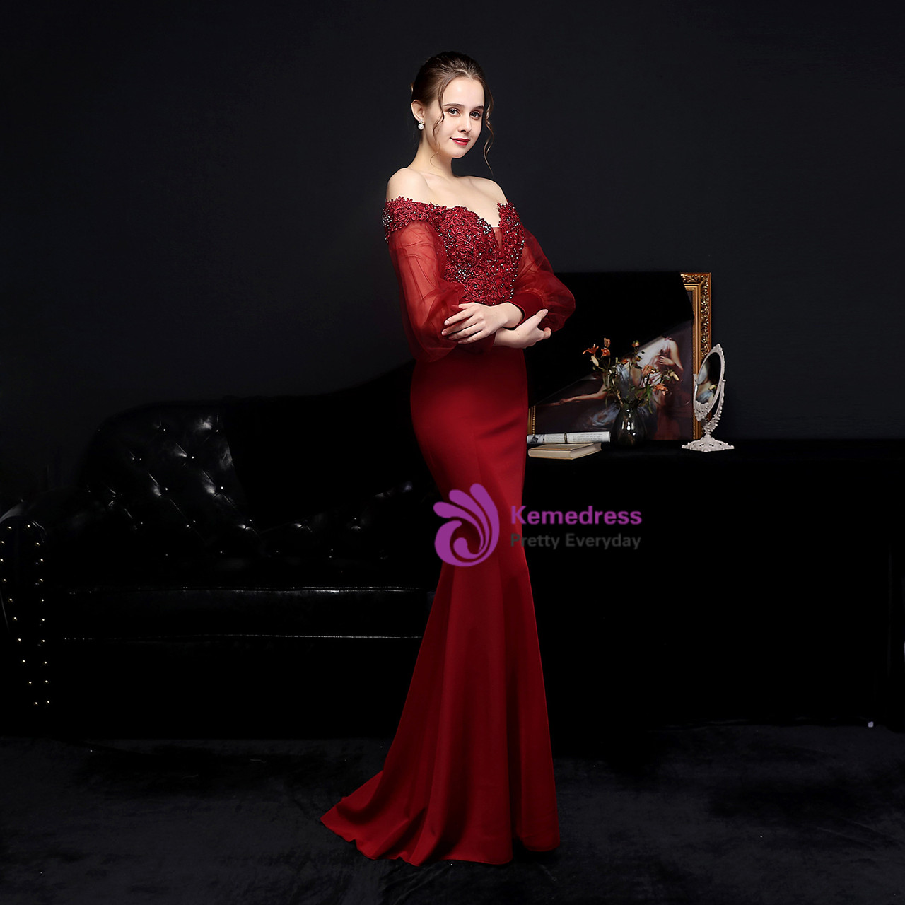 Long Sleeve Burgundy Appliques Mermaid Evening Gowns JTE116 main image 1