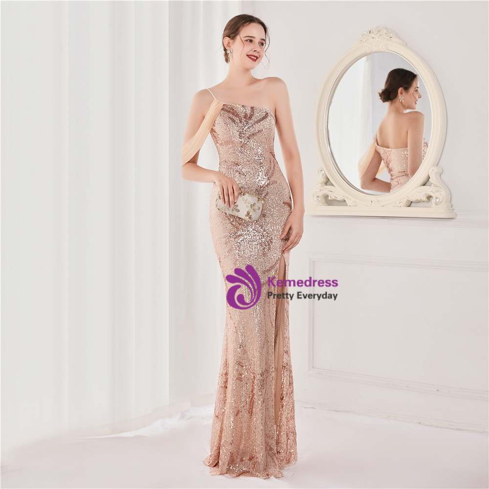 Gold One Shoulder Sequins Shiny Party Dress Homecoming Dress, DP2165