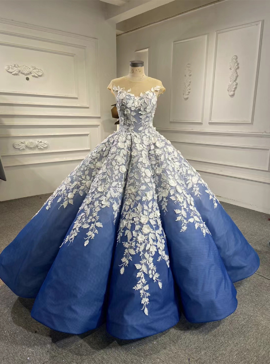 Blue White Ball Gown 3D Flower Cap Sleeve Haute Couture Evening Prom Dress main image 1