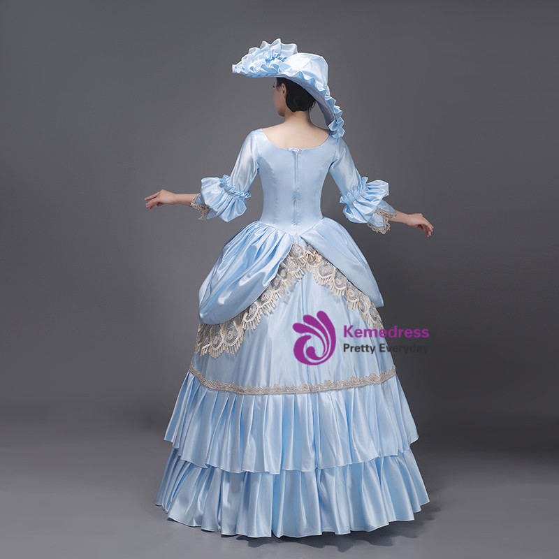 Short Rococo Dress Blue Satin Short Sleeve 3D Appliques Victorian Rococo Dress