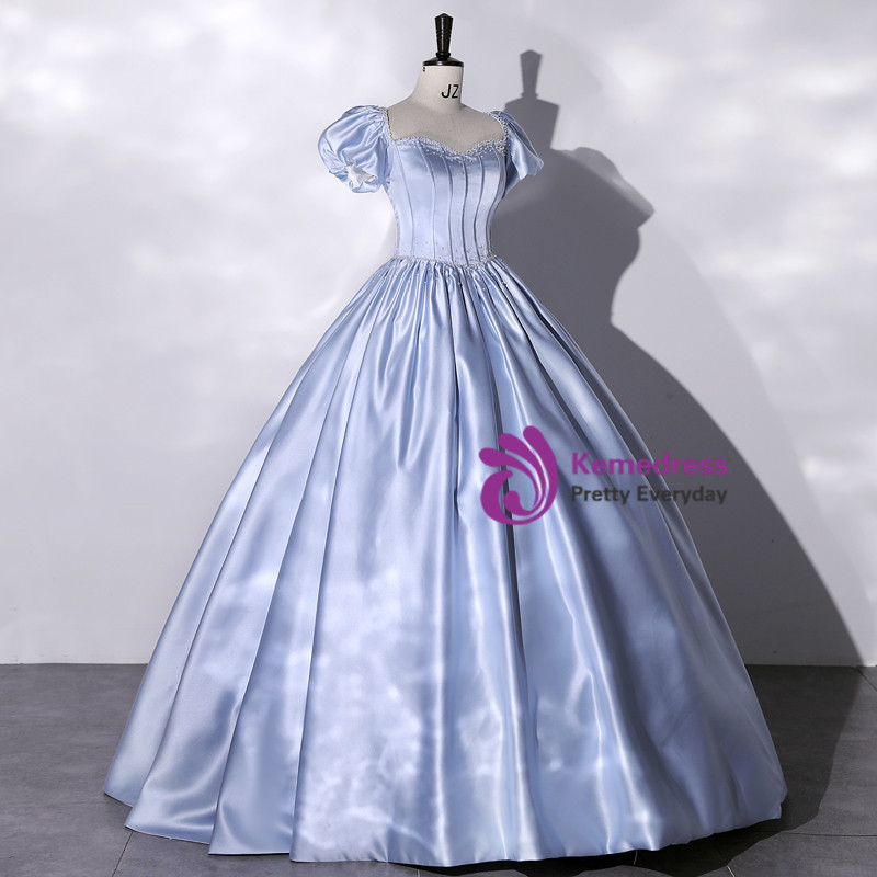 Vintage Light Blue Satin A-Line Puff Sleeves Applique Quinceañera Ball Gown DP7078 main image 1