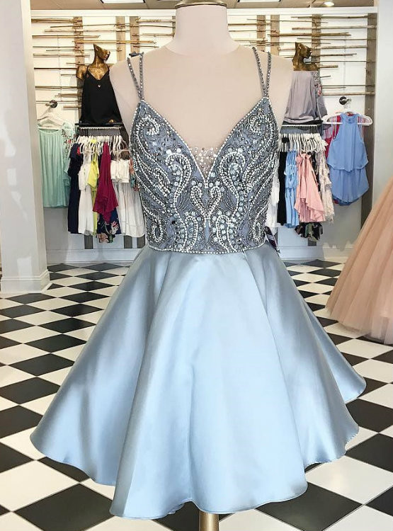 Vintage A line Spaghetti Straps Sleeveless Beads Mini Homecoming Dress