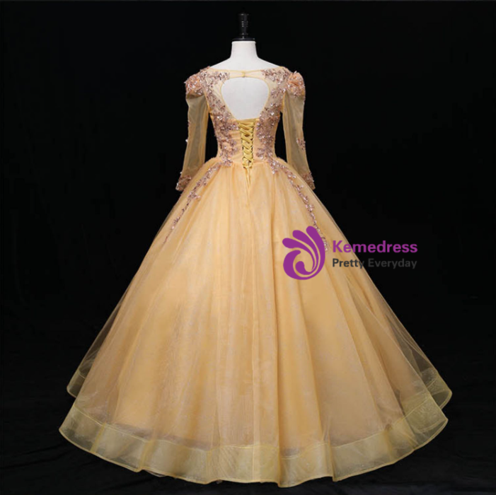 For Your Big Night Gold Ball Gown Tulle Long Sleeve Beading Sequins Quinceanera Dress main image 1