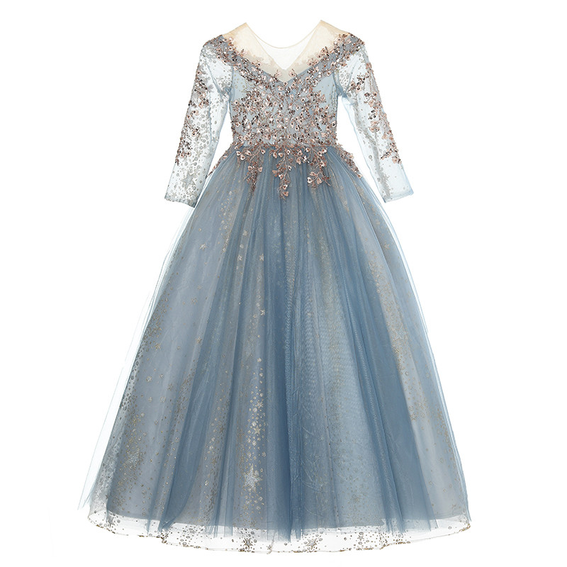 Short Sleeve Boat Neck Chiffon Tulle Flower Girl Dress with Beading Appliques & Paillette