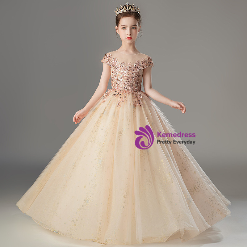 Champagne Back Bow Sequin Flower Girl Dress main image 1