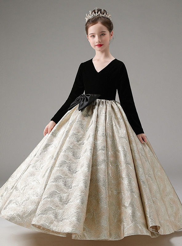 black and gold flower girl dresses Gratia Black Flower Girl Dress with Gold Flowers main image 0