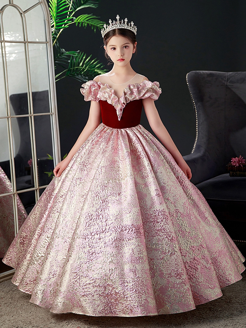 Burgundy velvet flower girl dress with full skirt