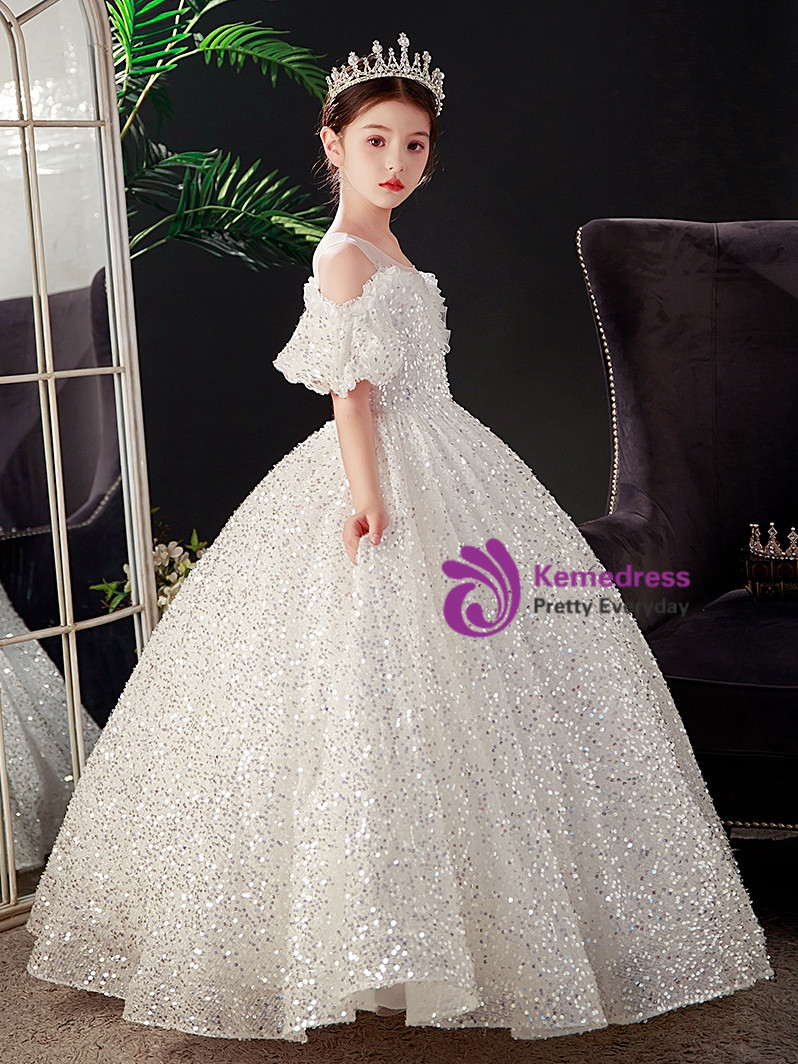 White Round Neck Puff Sleeve Long Flower Girl Dress