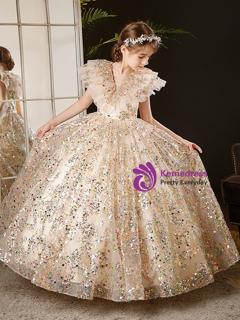 Shinning Rhinestone Round Neck Flower Girl Dress with Training