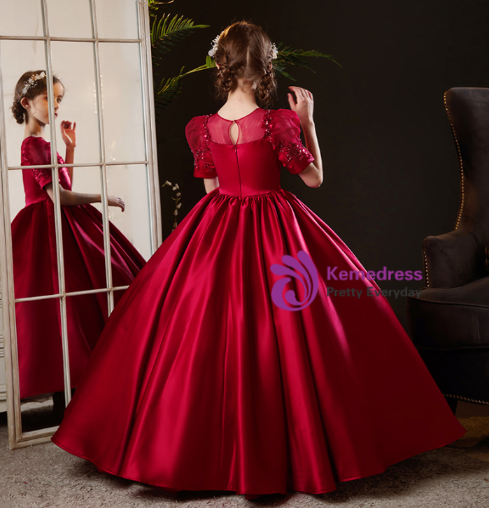 Cute Bow Satin Sweep Train Flower Girl Dress Red main image 1