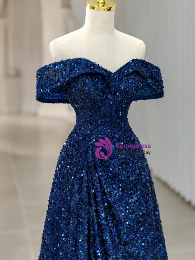 A-Line Off Shoulder Sequins Sheer Corset Tulle Dress Royal Blue main image 1