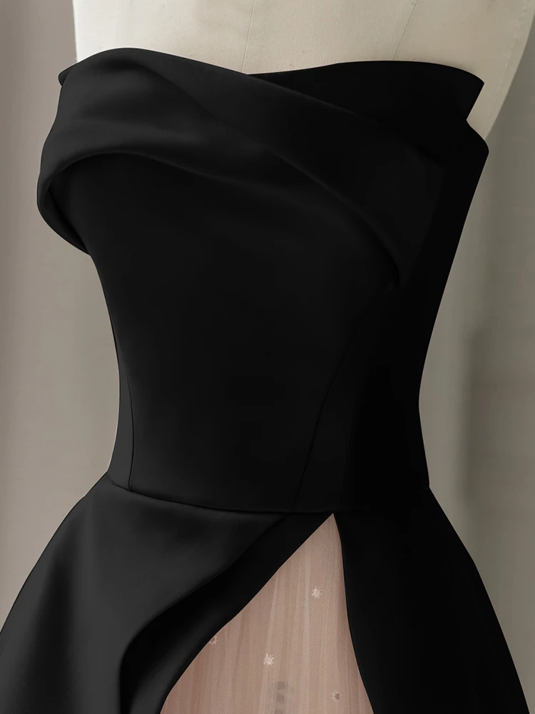 Black satin pink tulle strapless prom dress detail