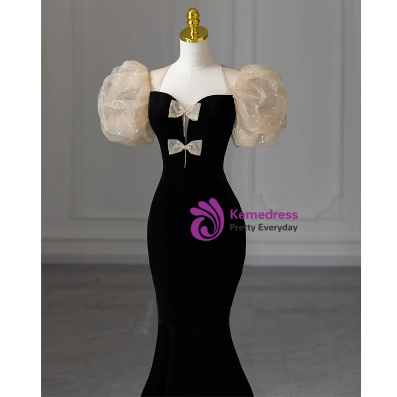 Vintage Mermaid Black Velvet Long Prom Dresses C34