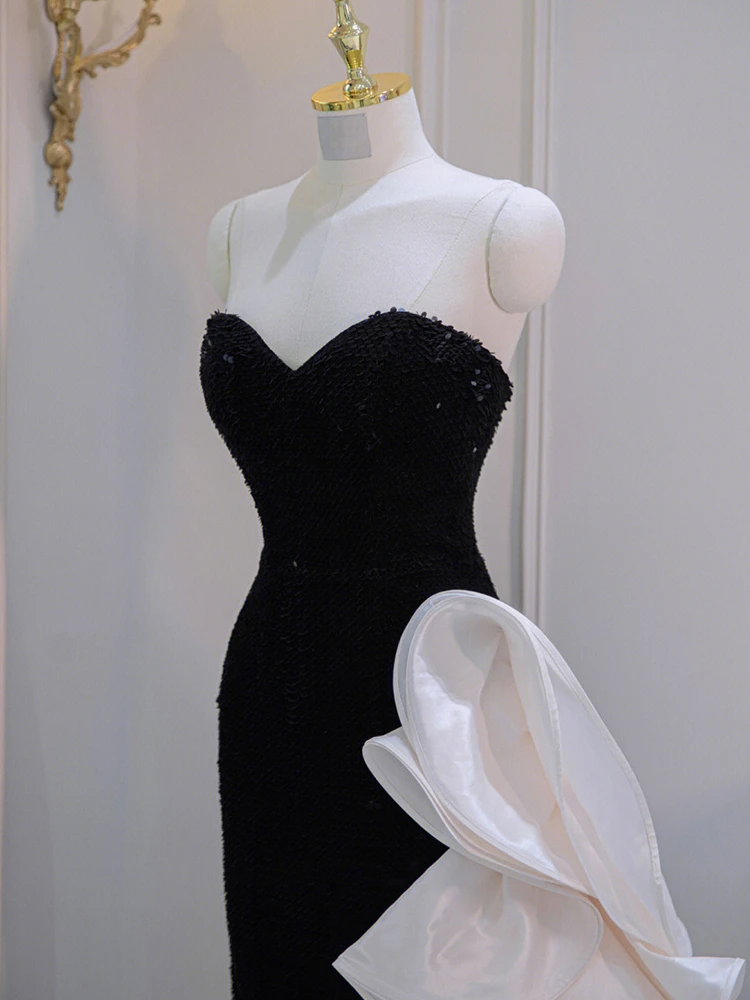 Black mermaid sequin prom dress ivory satin ruffle detail