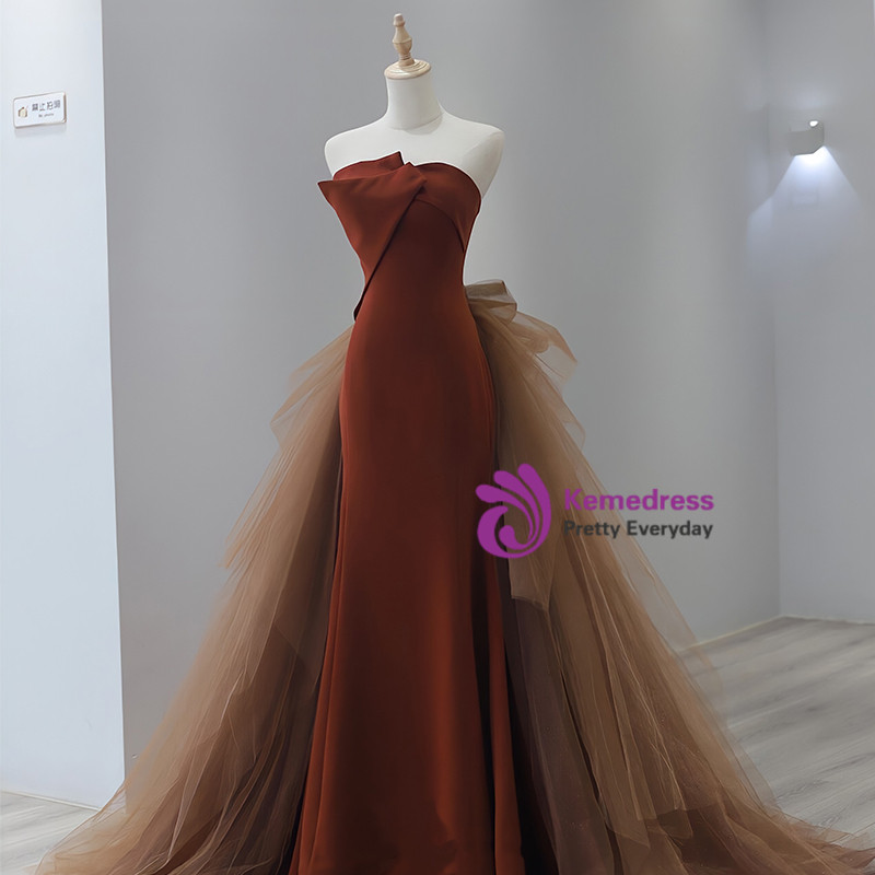 Caramel Color Tulle Strapless Prom Dress