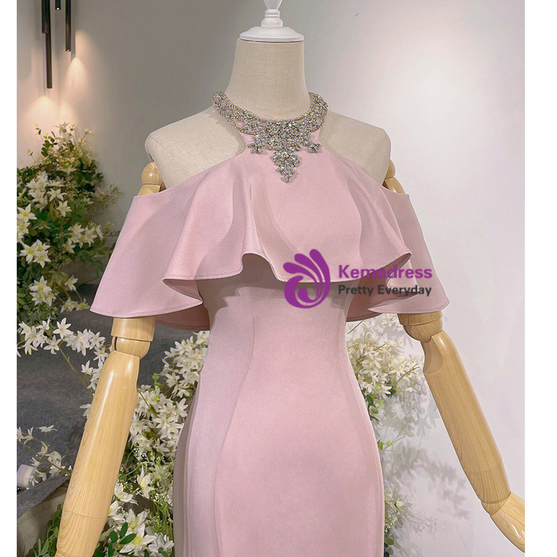 Elegant Pink Satin Halter-Neck Mermaid Beaded Prom Gown Evening Dress DP8176
