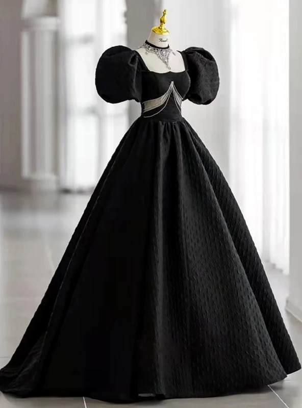 Black square neck puff sleeve backless prom dress with full pleated ball gown skirt