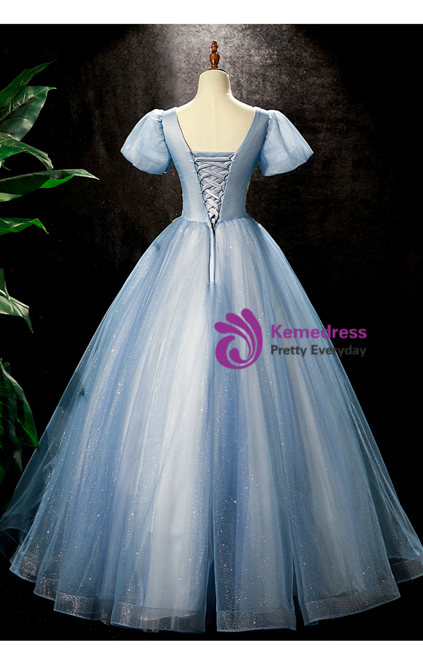 Blue Tulle Sequins Beading Puff Sleeve Quinceanera Dress