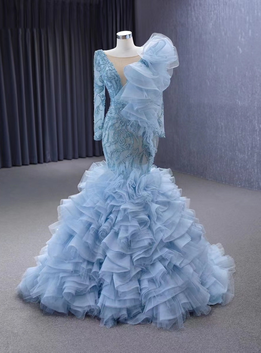 blue tulle mermaid prom dress with beaded Luuvis Shiny Light Blue Mermaid Spaghetti Straps Long Beaded Prom Dress