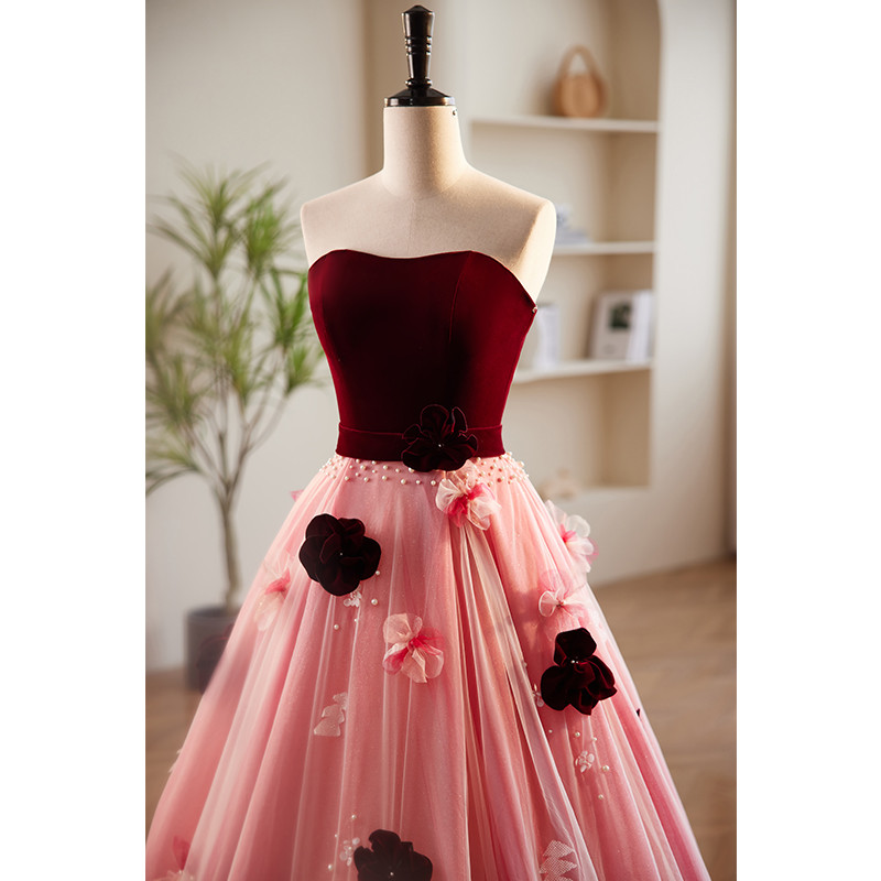 A-Line Pink Tulle Velvet Long Prom Dress, Sweet Burgundy Formal Dress with Flowers UQP0242
