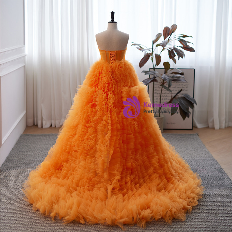 Long Tulle Dress with Beaded Straps Orange