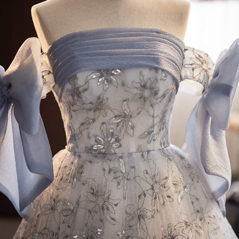 Chic Blue Prom Dress Tulle Strapless A-Line Evening Dress S1071 main image 1