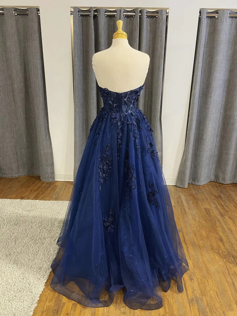 Navy Blue Tulle Sweetheart Appliques Prom Dress