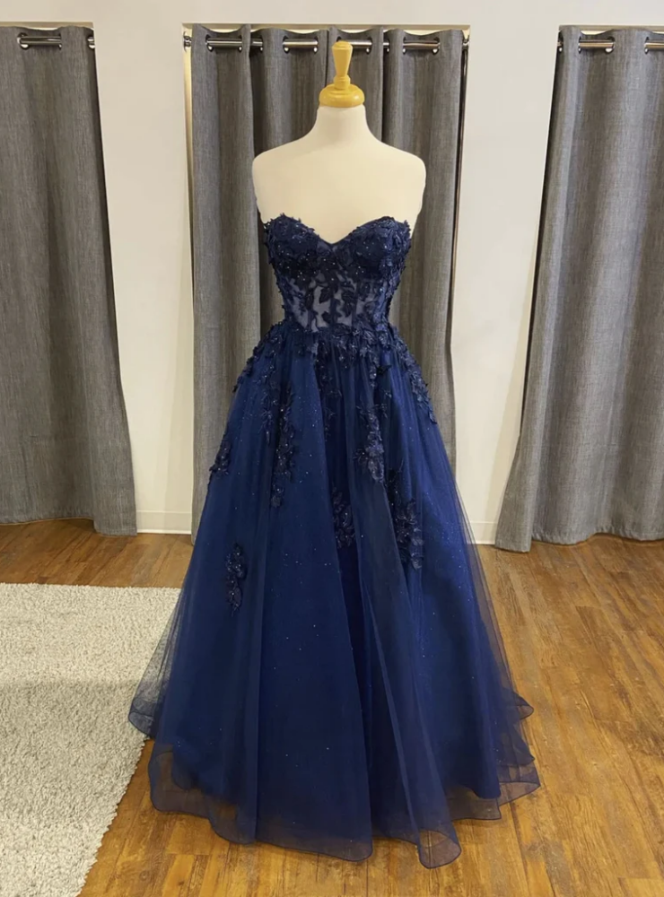 Sweetheart Sheer Corset Applique Tulle Long Dress Blue