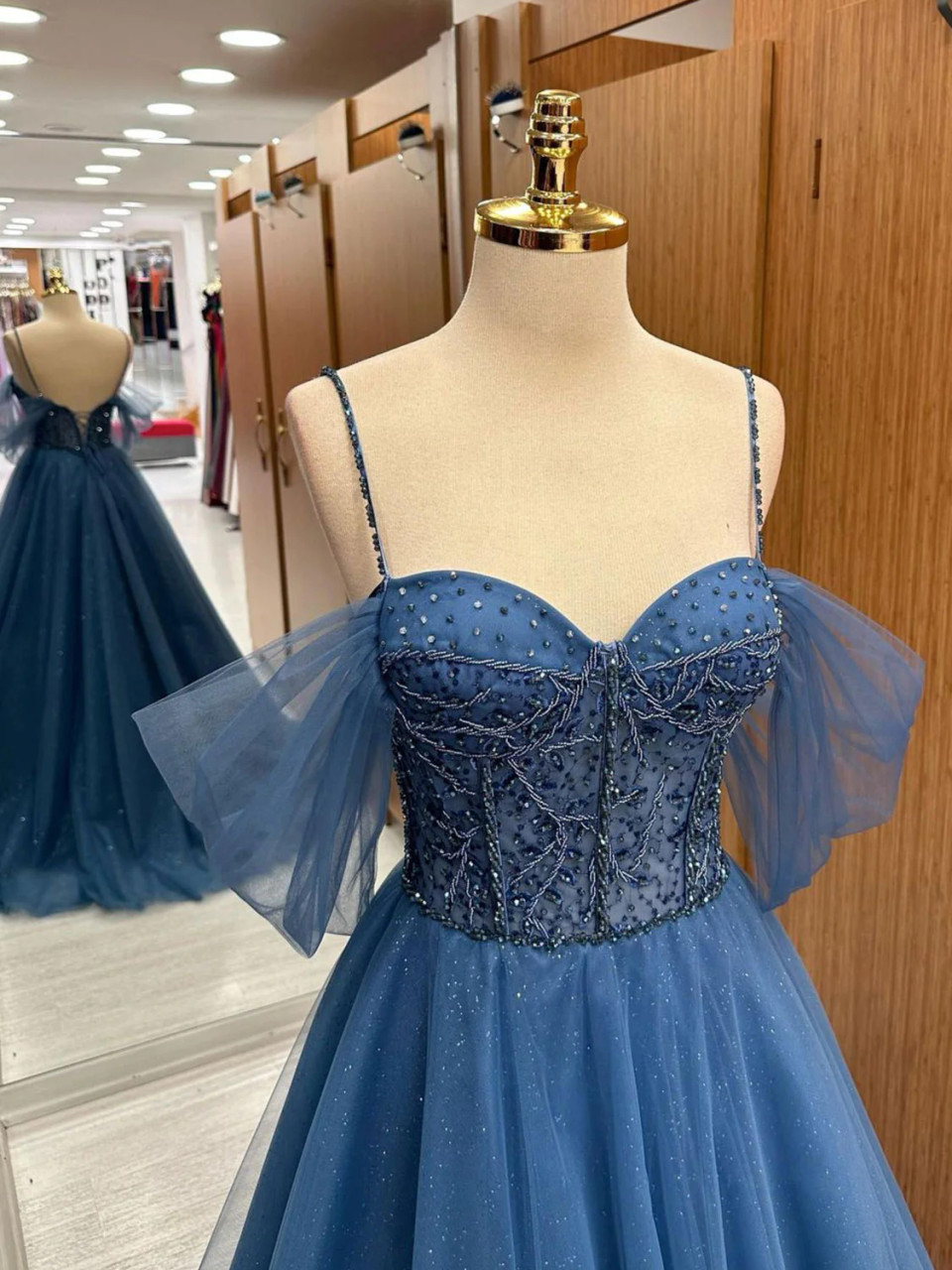 Blue Ruffles Backless Party Dresses Spaghetti Straps Tulle Prom Dresses  C129