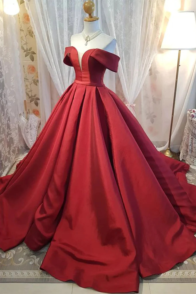 Burgundy Satin 3/4 Sleeves Off Shoulder Slit Prom Dress main image 1