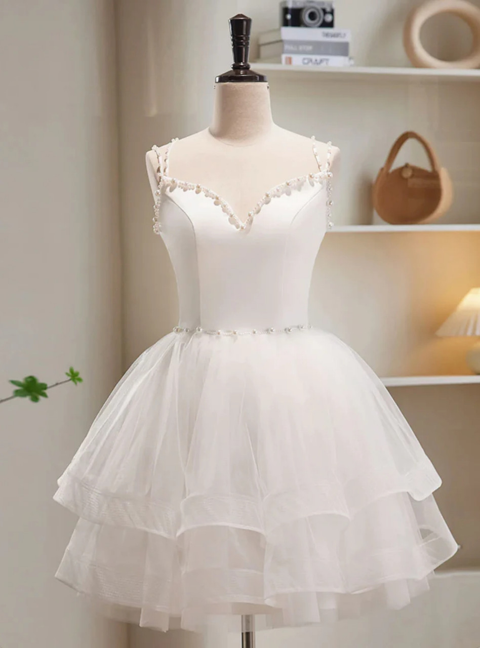 White Tulle Straps Lace Homecoming Dress