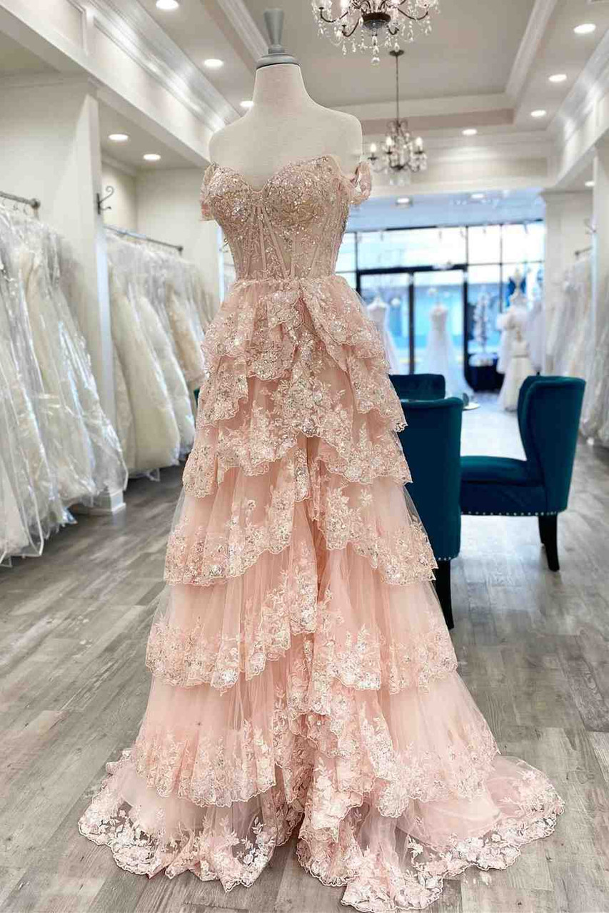 Blue Tulle Off the Shoulder Appliques Tiers Evening Prom Dress