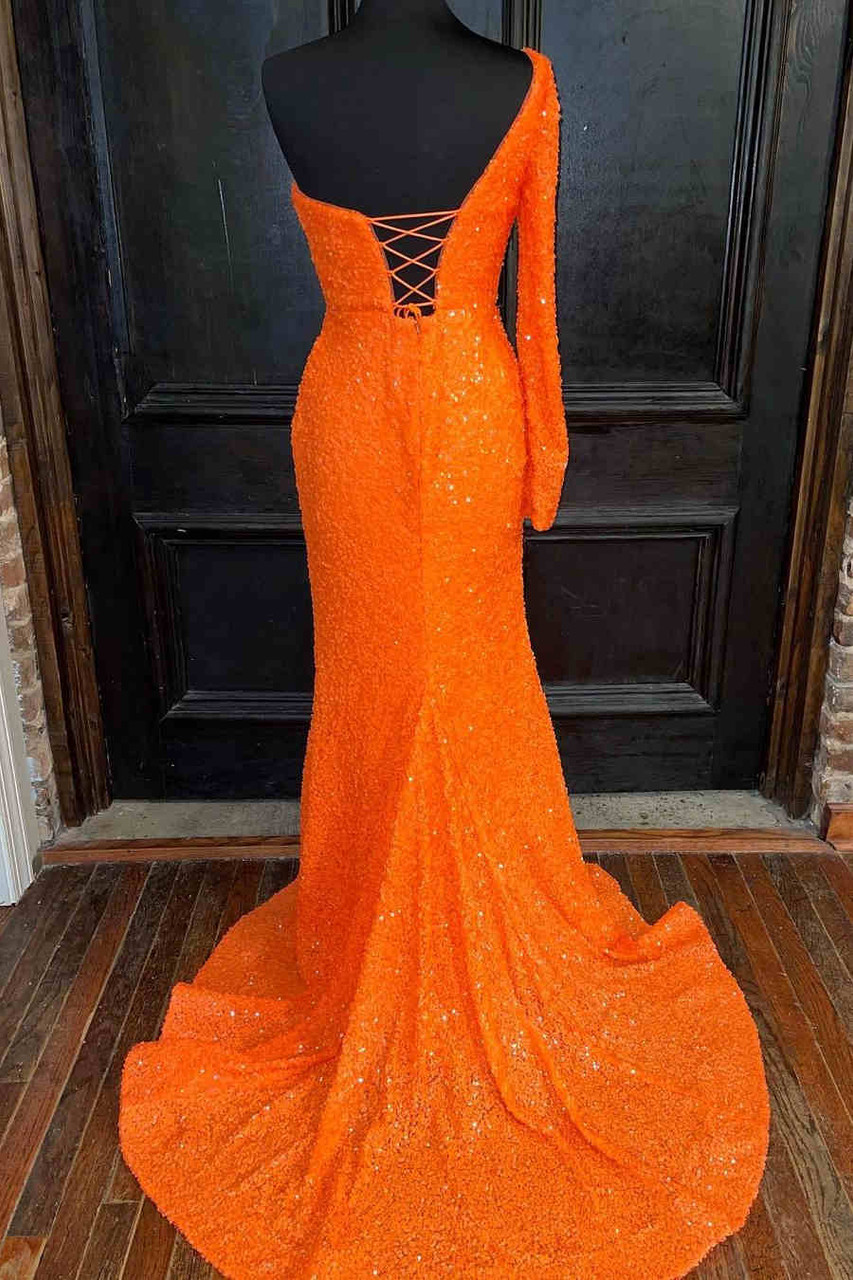 neon orange mermaid prom dresses