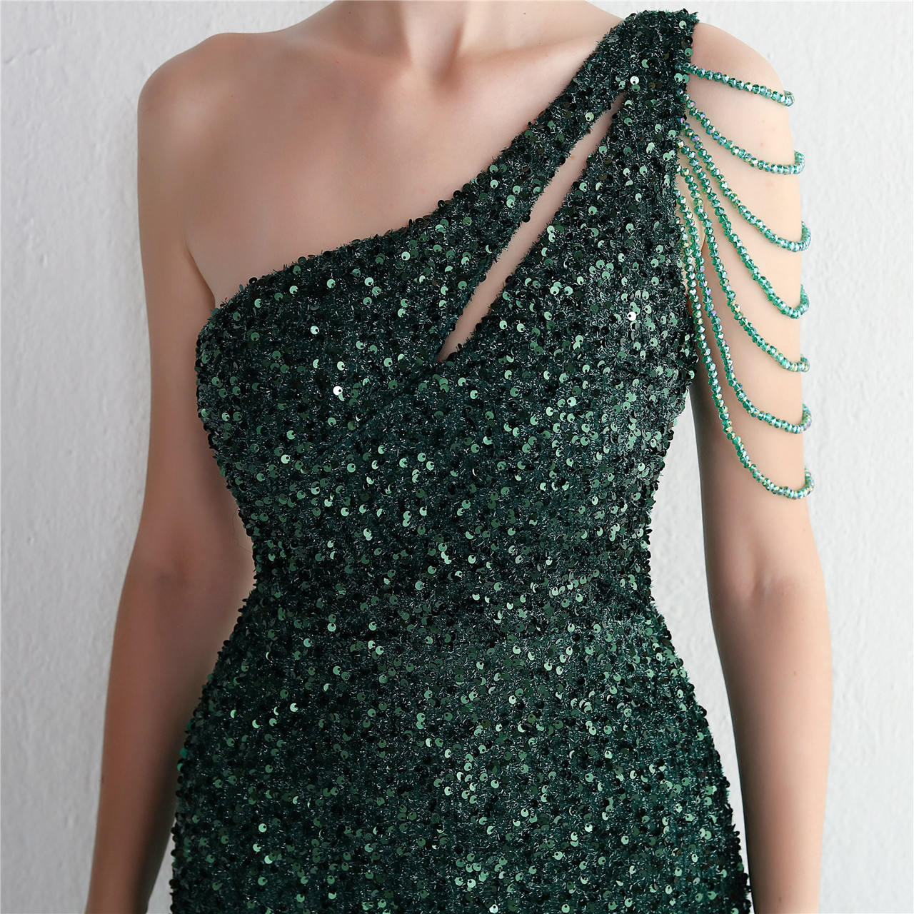 18032 Green Sequins Panel Shimmer Dress