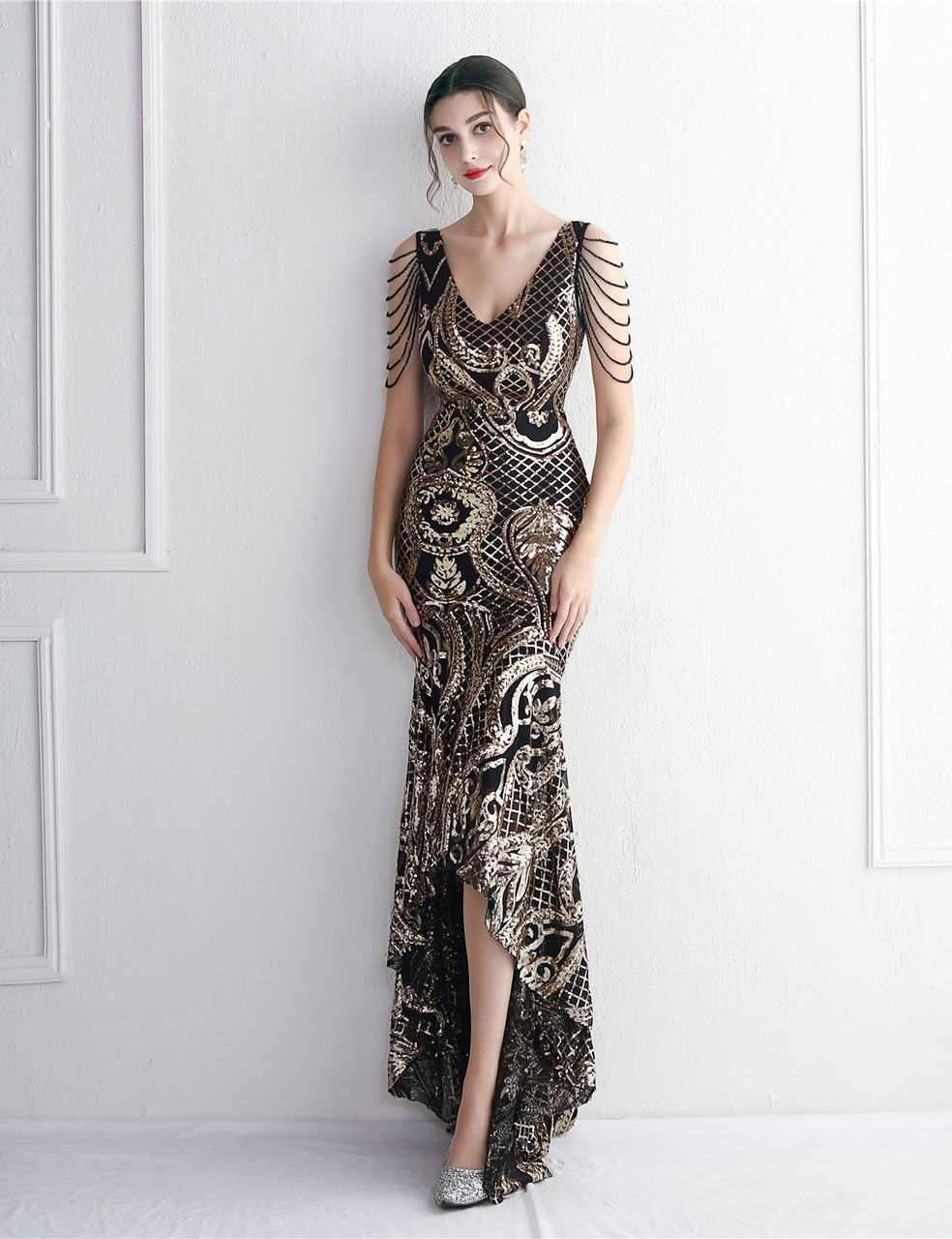 In Stock:Ship in 48 Hours Black Gold Hi Lo Sequins Beading Party Dress